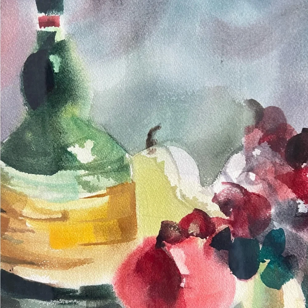 Watercolor Painting Still Life Signed Fruits Wine Realism Framed Vintage 11"x17" - Picture 2 of 8